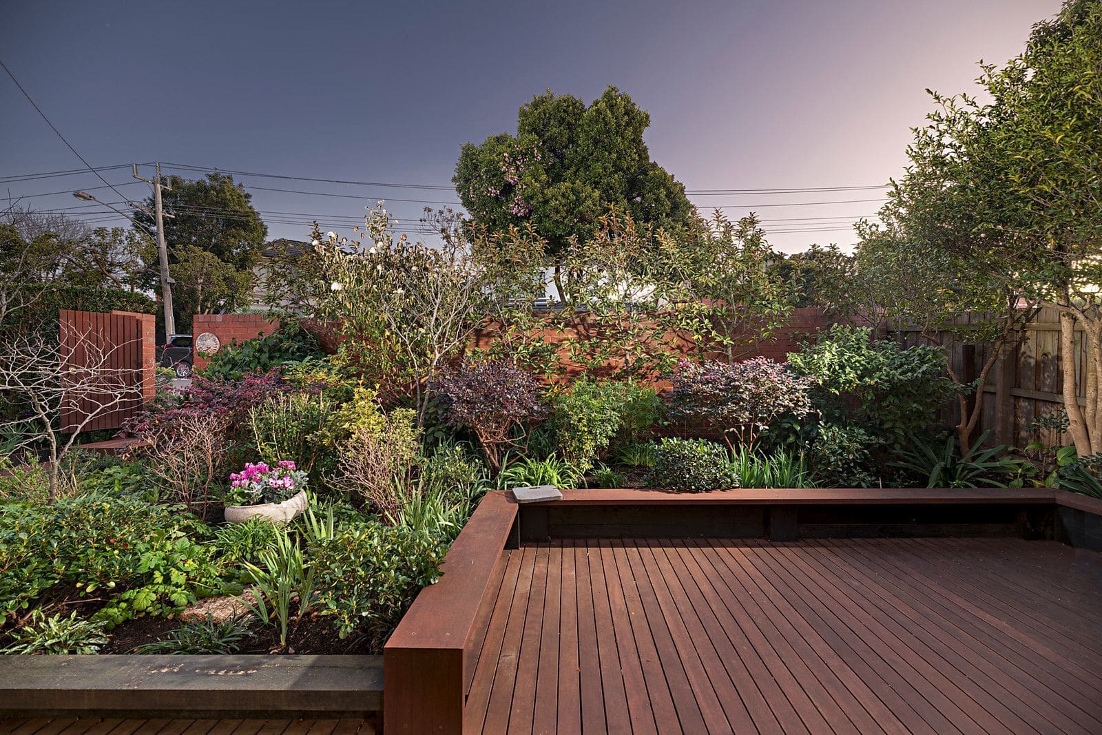 Backyard renovation featuring a wooden deck and lush garden with various plants and flowers.